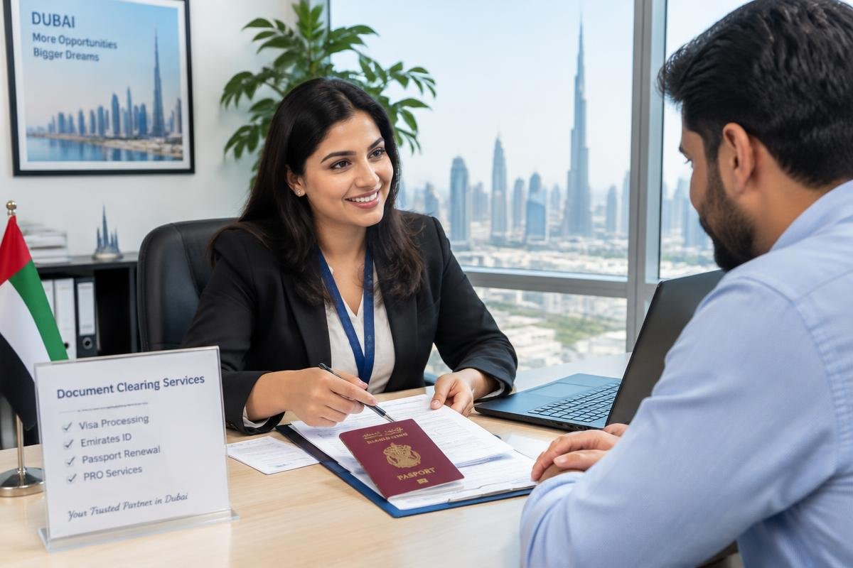 Wahat Liwa agent helping a client with passport and visa papers