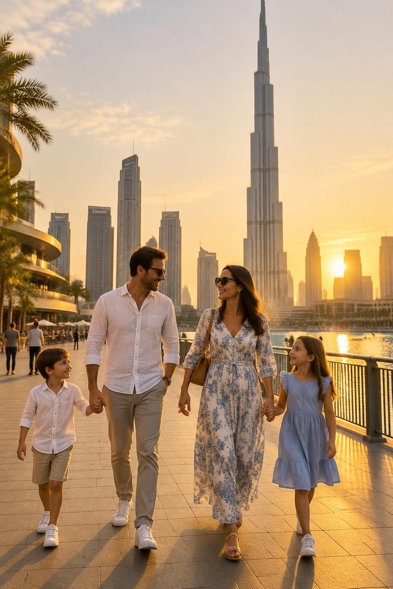 Family walking in Dubai near Burj Khalifa